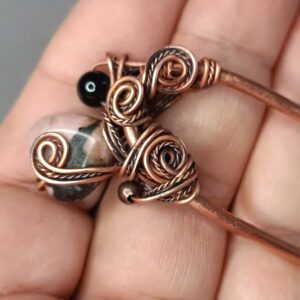 Dupla Igla za kosu od bakra sa rodonitom u obliku srca, handmade, unikat