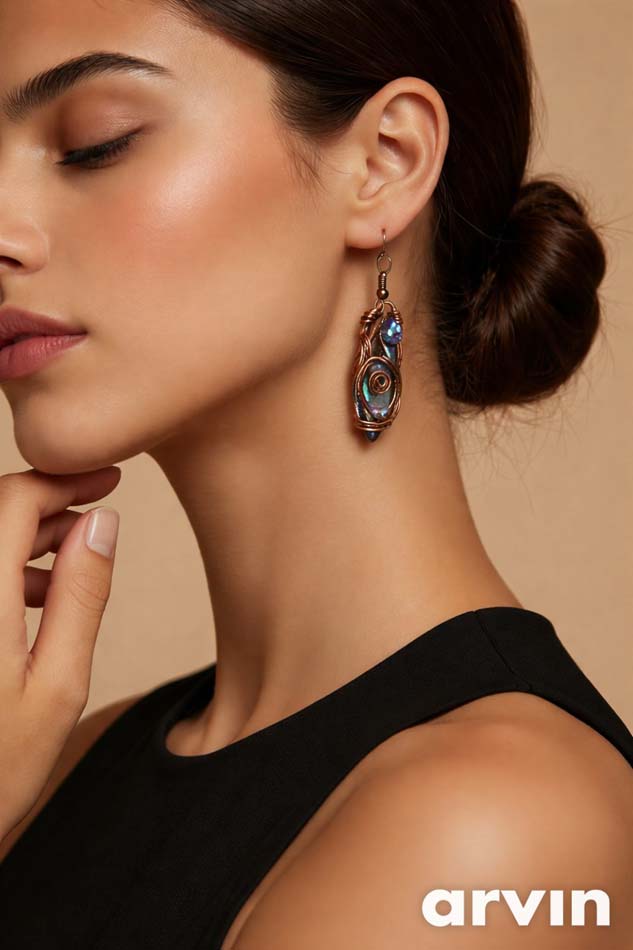 Elegantne bakarne naušnice i prsten, komplet od bakra i kristala, unikat - Image 2