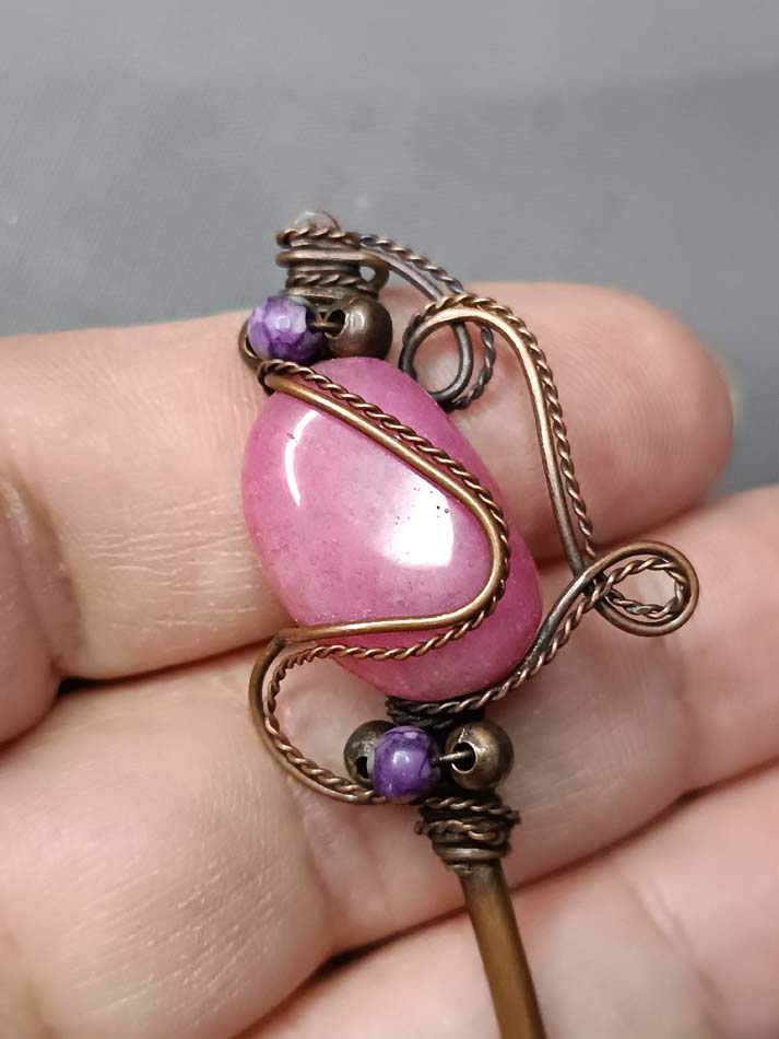 Bakarna igla za kosu sa ružičastim jaspisom, ukrasna metalna igla za kosu, štapić za kosu - Image 7