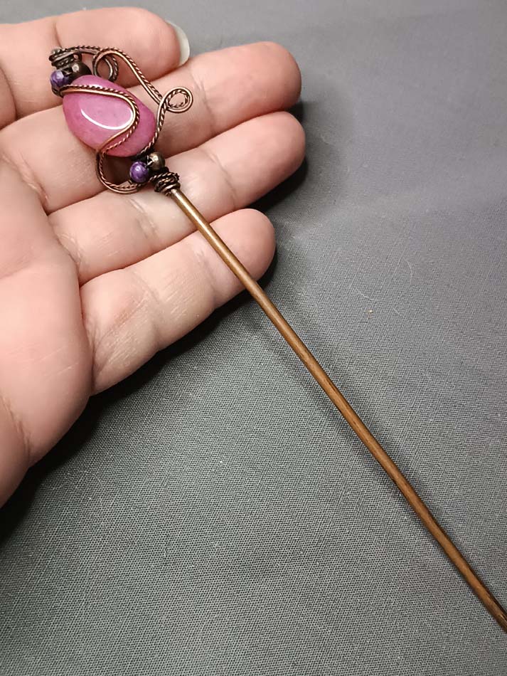 Bakarna igla za kosu sa ružičastim jaspisom, ukrasna metalna igla za kosu, štapić za kosu - Image 5