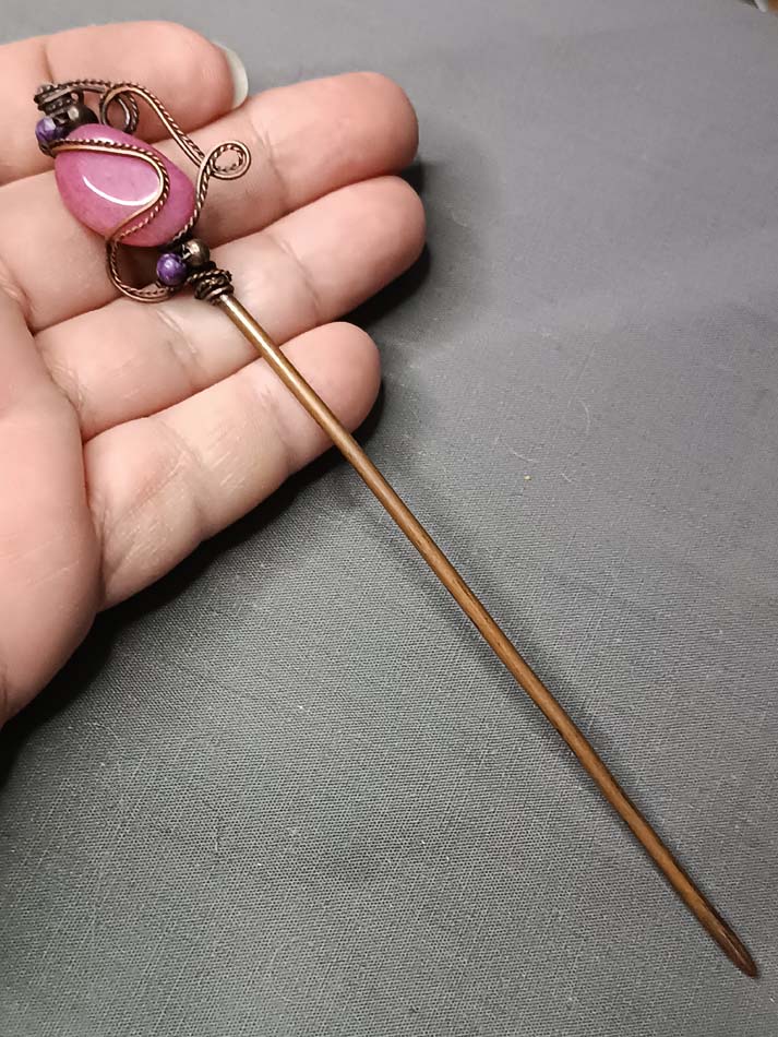 Bakarna igla za kosu sa ružičastim jaspisom, ukrasna metalna igla za kosu, štapić za kosu - Image 4