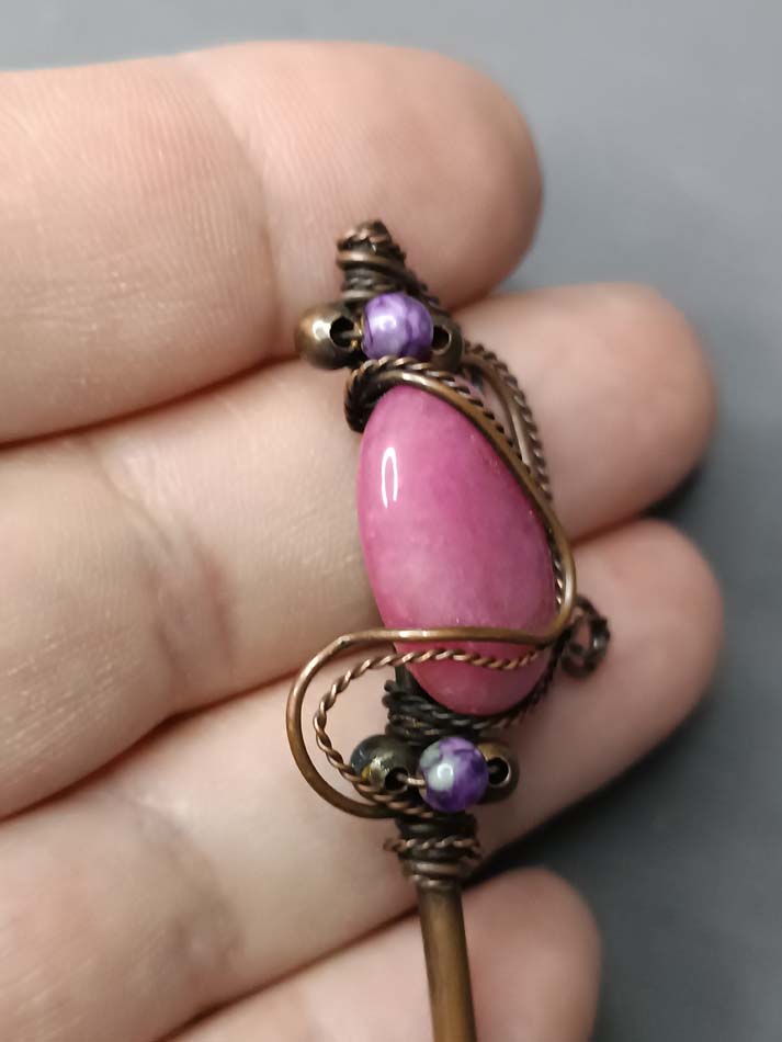 Bakarna igla za kosu sa ružičastim jaspisom, ukrasna metalna igla za kosu, štapić za kosu - Image 3