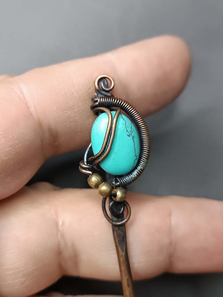 Tirkizna igla za kosu unikatna, ručni rad, haolit u bakru, Idealan poklon, Čvrsta, kvalitetna i jednostavna za upotrebu