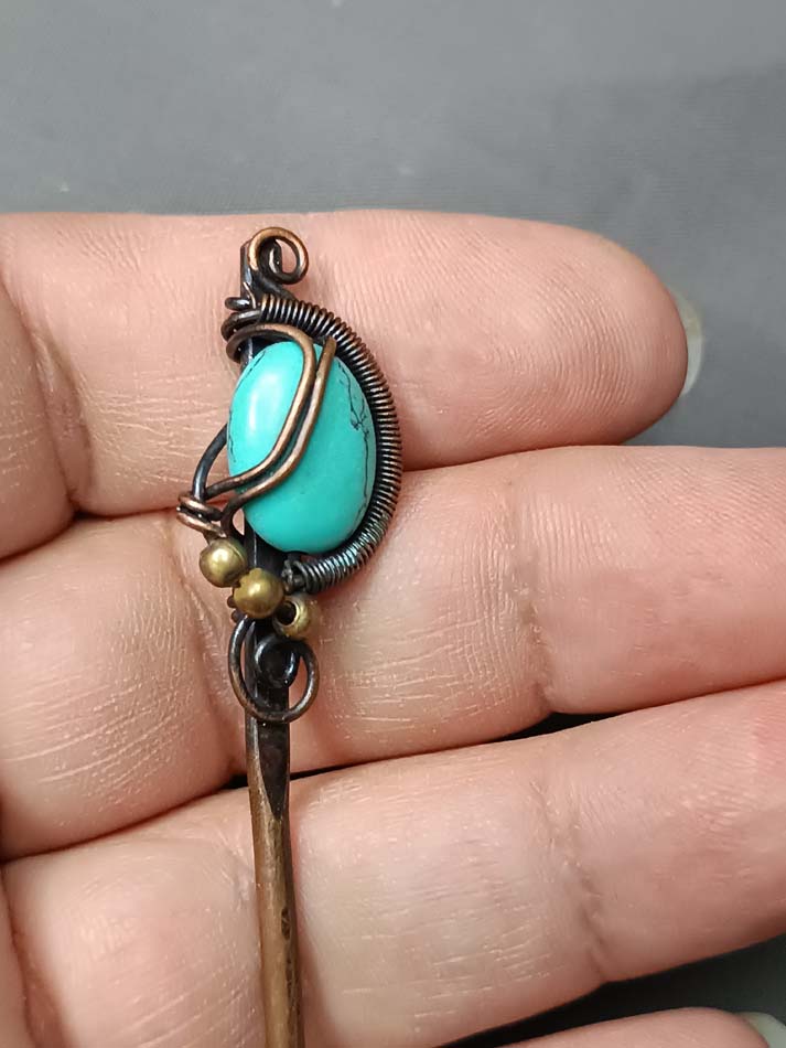 Tirkizna igla za kosu unikatna, ručni rad, haolit u bakru, Idealan poklon, Čvrsta, kvalitetna i jednostavna za upotrebu - Image 5