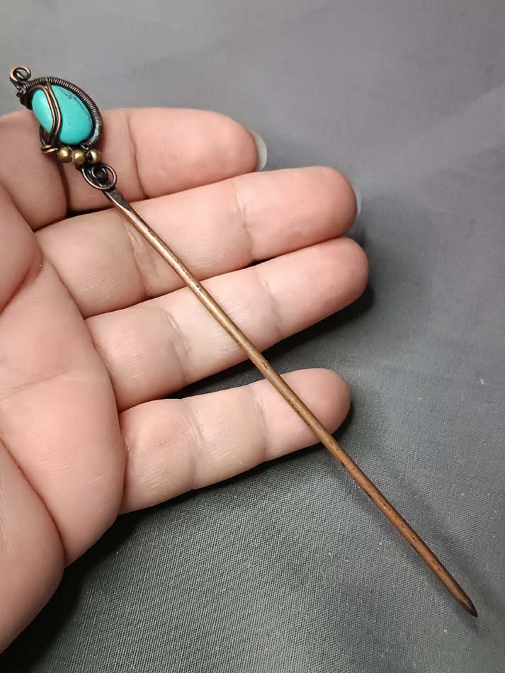 Tirkizna igla za kosu unikatna, ručni rad, haolit u bakru, Idealan poklon, Čvrsta, kvalitetna i jednostavna za upotrebu - Image 4