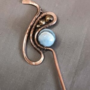 Bakarna igla za kosu, čipkasti plavi ahat, unikat, ručni rad