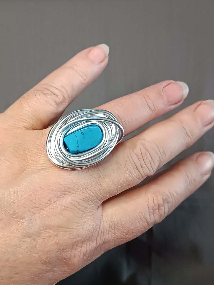 Aluminijumski prsten sa plavim jaspisom, upadljiv, moderan, udoban, ručno rađen - Image 2