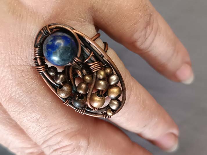 Bakarni prsten sa kamenom lapis lazuli, jedinstven prsten, alternativan